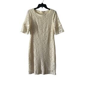 Beige by Eci Lace Floral Crochet Overlay Cream Lined Midi Length Dress Size 8